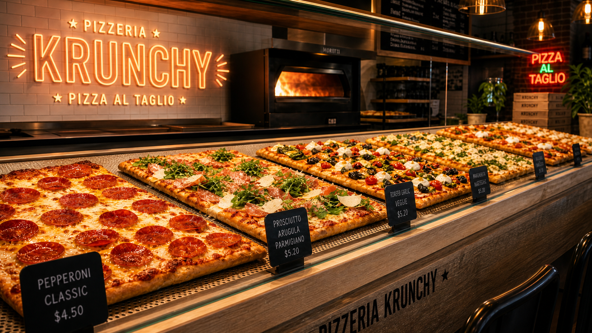 Mostrador de Pizzeria Krunchy con pizzas al taglio recién hechas